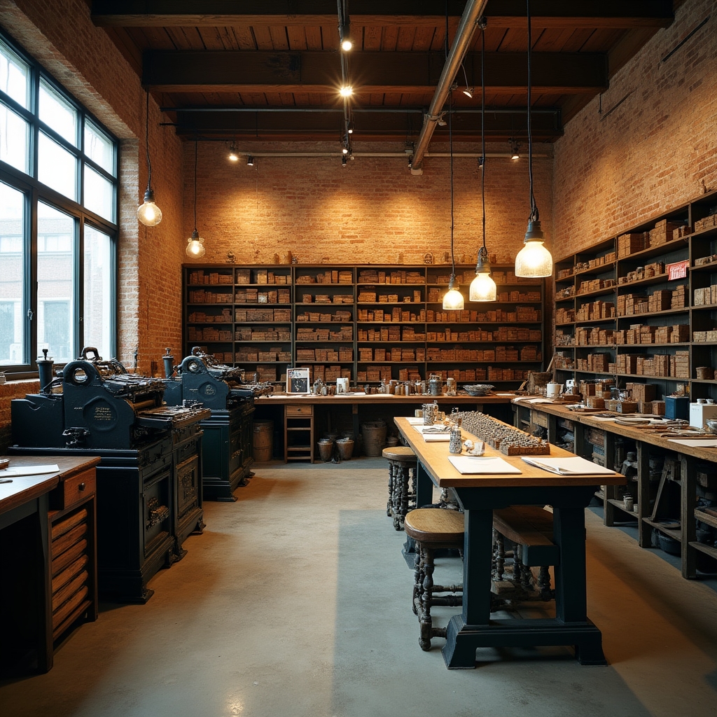 Přehled vybavení letterpress dílny s lisy a materiálem